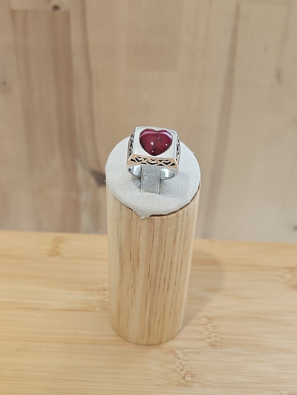 Sterling Silver Ring with Red Heart Cabochon